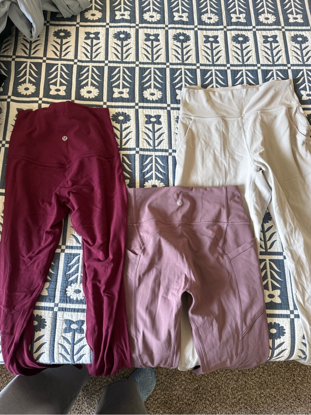 LULULEMON BUNDLE OF THREE SIZE 6 PANTS - burgundy, Mauve, Cream